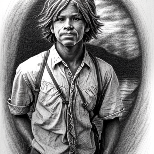 Huckleberry Finn, modern, centered, Realistic art, pencil drawing with style of