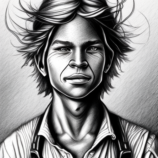 Huckleberry Finn, modern, face, smiling, centered, Realistic art, pencil drawing with style of