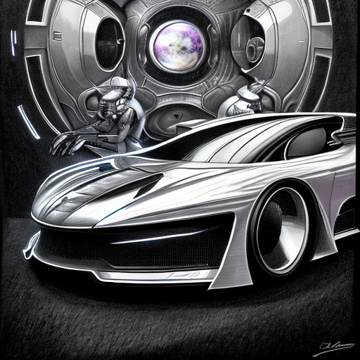 Futuristic space car, centered, Realistic art, pencil drawing with style of
