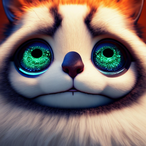 cyber, closeup cute and adorable, cute big circular reflective eyes, long fuzzy fur, Pixar render, unreal engine cinematic smooth, intricate detail, cinematic, award winning on shutterstock, canon eos 5D, 32k with style of (Helmut Newton)
