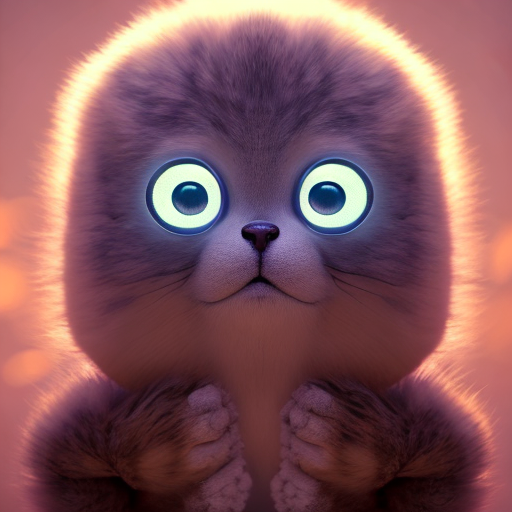 cyber, closeup cute and adorable, cute big circular reflective eyes, long fuzzy fur, Pixar render, unreal engine cinematic smooth, intricate detail, cinematic, award winning on shutterstock, canon eos 5D, 32k with style of (Diane Arbus)
