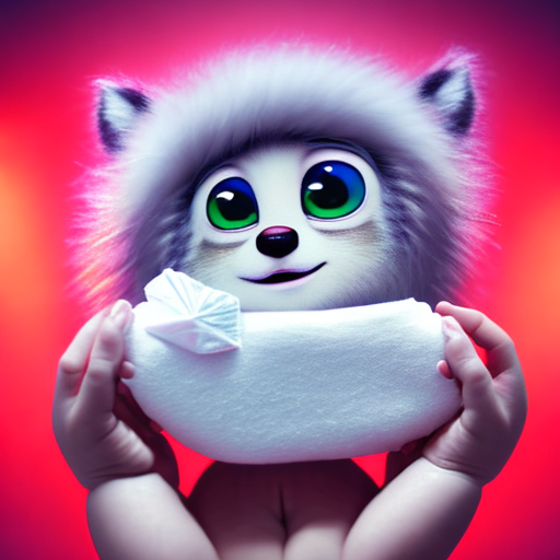 baby holding diaper, closeup cute and adorable, cute big circular reflective eyes, long fuzzy fur, Pixar render, unreal engine cinematic smooth, intricate detail, cinematic, award winning on shutterstock, canon eos 5D, 32k with style of (Helmut Newton)