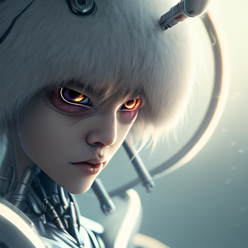 raiden shogun with cyborg body, closeup cute and adorable, cute big circular reflective eyes, long fuzzy fur, Pixar render, unreal engine cinematic smooth, intricate detail, cinematic, 8k, HD with style of