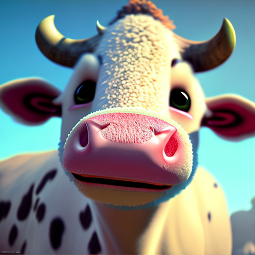 Cute cow, closeup cute and adorable, cute big circular reflective eyes, long fuzzy fur, Pixar render, unreal engine cinematic smooth, intricate detail, cinematic, 8k, HD with style of