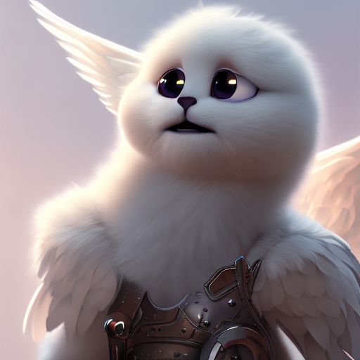 angel warrior, closeup cute and adorable, cute big circular reflective eyes, long fuzzy fur, Pixar render, unreal engine cinematic smooth, intricate detail, cinematic, digital art, trending on artstation, (cgsociety) with style of (Mandy Jurgens)