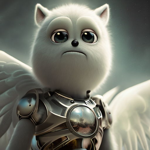 angel warrior, closeup cute and adorable, cute big circular reflective eyes, long fuzzy fur, Pixar render, unreal engine cinematic smooth, intricate detail, cinematic, award winning on shutterstock, canon eos 5D, 32k with style of (Walker Evans)