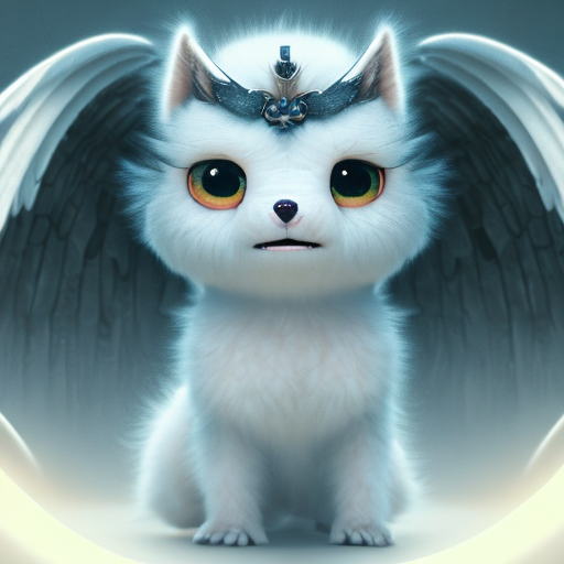 angel warrior, closeup cute and adorable, cute big circular reflective eyes, long fuzzy fur, Pixar render, unreal engine cinematic smooth, intricate detail, cinematic, award winning on shutterstock, canon eos 5D, 32k with style of (Diane Arbus)
