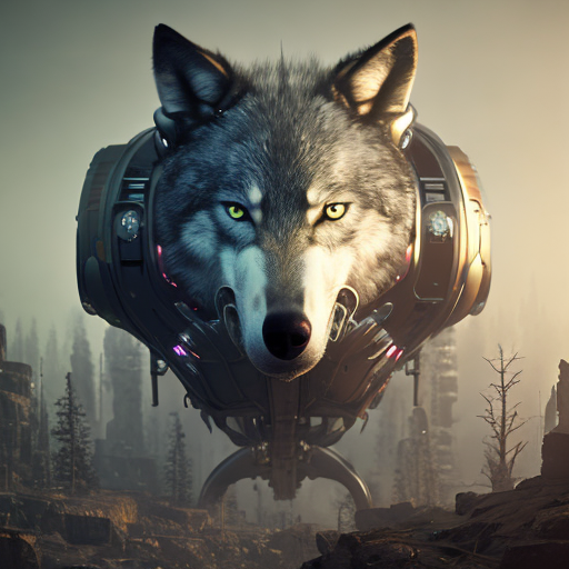 Robo-wolf, centered, (works by Jan Urschel, Michal Karcz), dark sci-fi, trending on artstation with style of (Vincent Di Fate)
