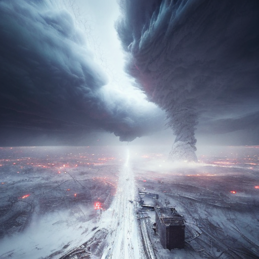 Heavy snow storm, Apocalyptic typhoon, Gigantic tsunami, Massive tornado, centered, (works by Jan Urschel, Michal Karcz), dark sci-fi, trending on artstation with style of (Sparth)