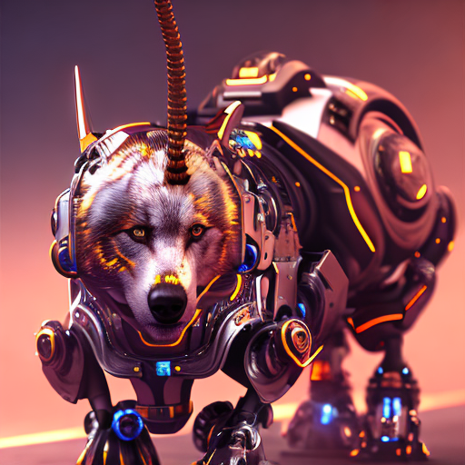Fusion of fur and steel, Nano-Bee, Robo-wolf, Mechanized animals, Robotic animals, centered, 3d, octane render, high quality, 4k with style of