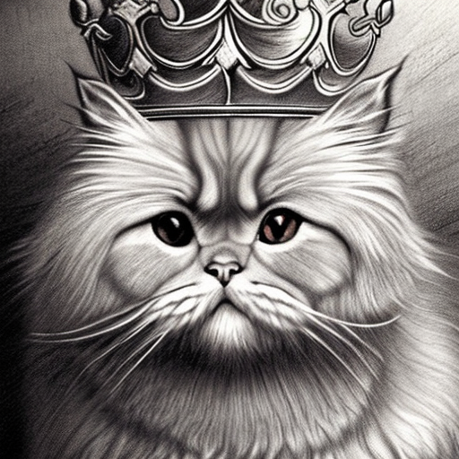 ginger persian cat with crown, centered, Realistic art, pencil drawing with style of