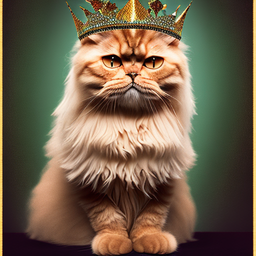 ginger persian cat with crown, centered, award winning on shutterstock, canon eos 5D, 32k with style of (Irving Penn)