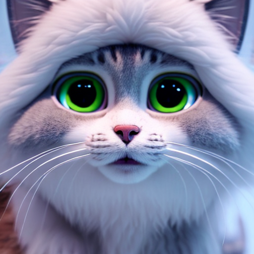 Cute cat of the future, closeup cute and adorable, cute big circular reflective eyes, long fuzzy fur, Pixar render, unreal engine cinematic smooth, intricate detail, cinematic, 3d, octane render, high quality, 4k with style of
