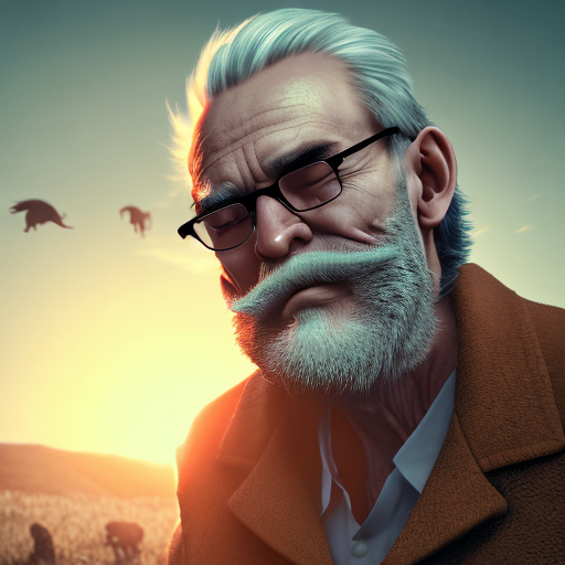 old man with jacket, wearing glasses, with beard, sitting on a rock, staring at a grassy field, with dinosaurs walking on a grassy field, sunset, centered, digital art, trending on artstation, (cgsociety) with style of (Heraldo Ortega)