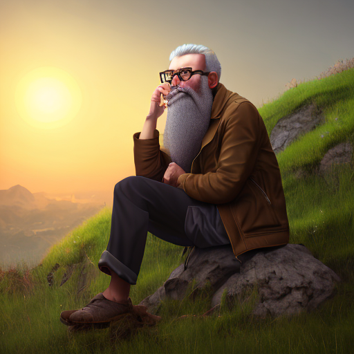 old man with jacket, wearing glasses, with beard, sitting on a rock, staring at a grassy field, sunset, centered, digital art, trending on artstation, (cgsociety) with style of (Irina French)