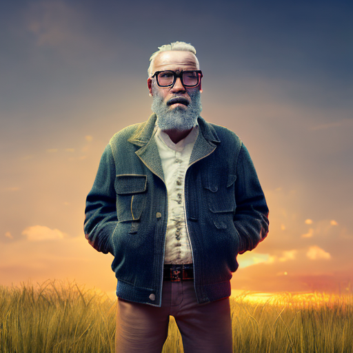 old man with jacket, wearing glasses, with beard, grassy field, staring at the sunset, centered, 3d, octane render, high quality, 4k with style of