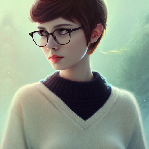 cute beautiful girl, short hair, round glasses, black oversized sweater, posing for the camera, centered, digital art, trending on artstation, (cgsociety) with style of (Mandy Jurgens)