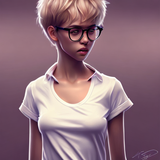 cute beautiful girl, short hair, round glasses, white t-shirt, smiling, hyper realistic, centered, digital art, trending on artstation, (cgsociety) with style of (Irina French)