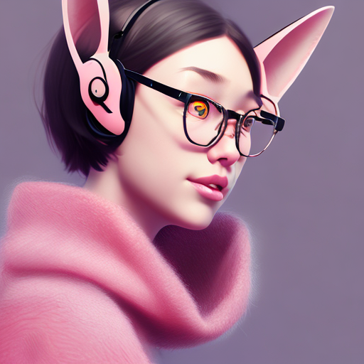 cute beautiful girl, short hair, round glasses, pink sweater, cat ears headphone, hyper realistic, centered, digital art, trending on artstation, (cgsociety) with style of (Mandy Jurgens)