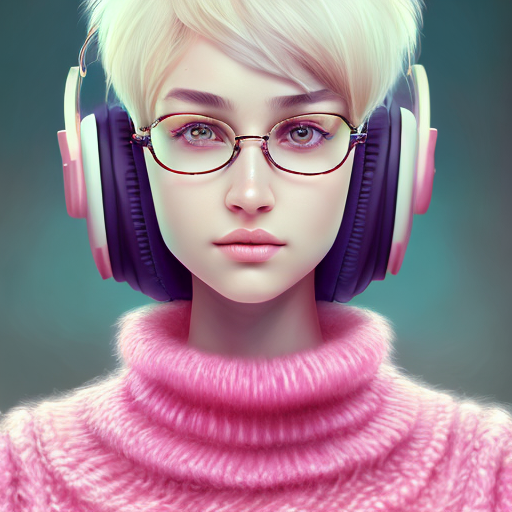 cute beautiful girl, short hair, round glasses, pink sweater, headphone, hyper realistic, centered, digital art, trending on artstation, (cgsociety) with style of (Irina French)