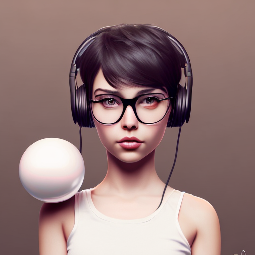 cute beautiful girl, short black hair, headphones, glasses, white sando t-shirt, holding a toy ball with a smiley face, hyper realistic, centered, digital art, trending on artstation, (cgsociety) with style of (Heraldo Ortega)