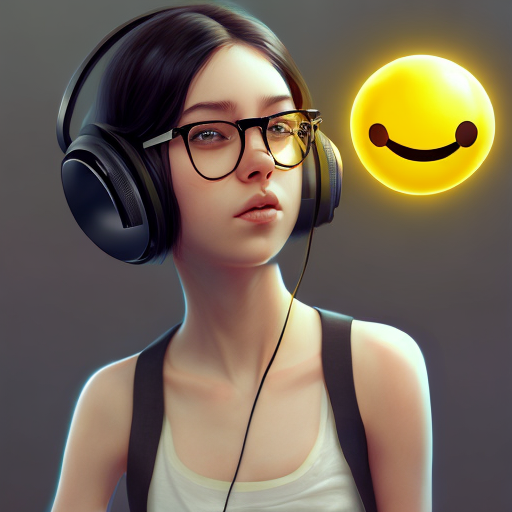 cute beautiful girl, short black hair, headphones, glasses, white sando t-shirt, holding a yellow toy ball with a smiley face, hyper realistic, centered, digital art, trending on artstation, (cgsociety) with style of (Mandy Jurgens)