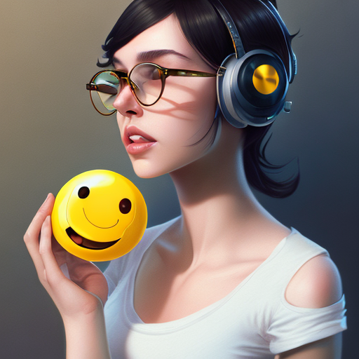 cute beautiful girl, short black hair, headphones, glasses, white sando t-shirt, holding a yellow toy ball with a smiley face,, centered, digital art, trending on artstation, (cgsociety) with style of (Mandy Jurgens)
