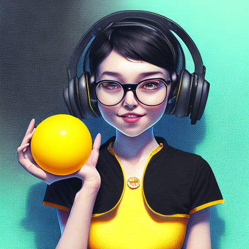 cute beautiful girl, short black hair, headphones, glasses, white sando t-shirt, holding a yellow toy ball with a smiley face,, centered, digital art, trending on artstation, (cgsociety) with style of (Mandy Jurgens)