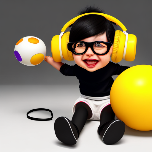 cute beautiful girl, short black hair, headphones, glasses, white sando t-shirt, holding a yellow toy ball with a smiley face, sitting on a gaming chair, centered, digital art, trending on artstation, (cgsociety) with style of (Heraldo Ortega)