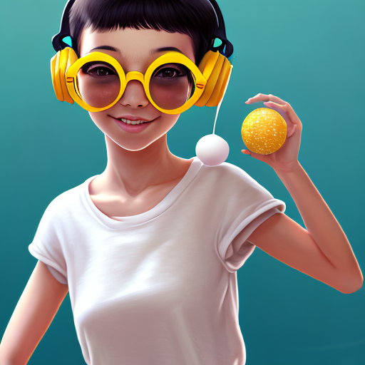 cute girl, short black hair, headphones, glasses, white sando t-shirt, holding a yellow toy ball with a smiley face, centered, digital art, trending on artstation, (cgsociety) with style of (Mandy Jurgens)