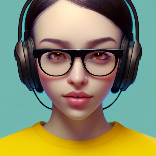 cute girl, short black hair, headphones, glasses, white sando t-shirt, holding a yellow toy ball with a smiley face, centered, digital art, trending on artstation, (cgsociety) with style of (Mandy Jurgens)