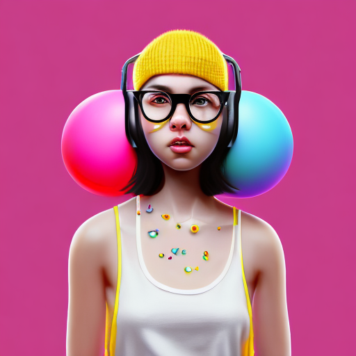 cute girl, short black hair, headphones, glasses, white sando t-shirt, holding a yellow toy ball with a smiley face, centered, digital art, trending on artstation, (cgsociety) with style of (Irina French)
