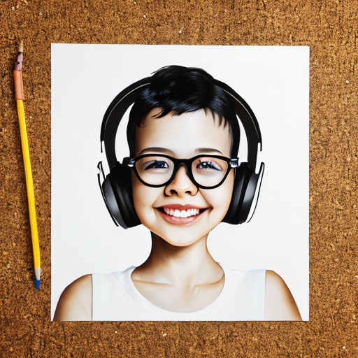 cute girl, short black hair, headphones, glasses, white sando t-shirt, holding a yellow toy ball with a smiley face, hyper realistic, centered, Realistic art, pencil drawing with style of