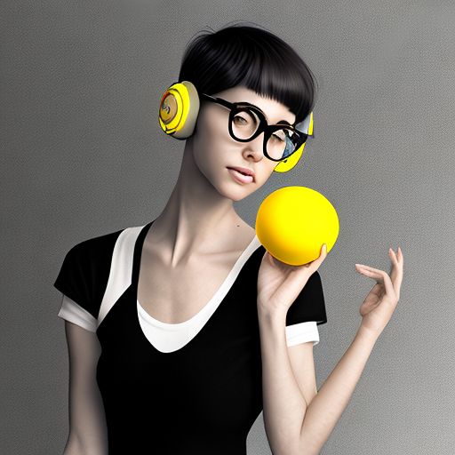 cute girl, short black hair, headphones, glasses, white sando t-shirt, holding a yellow toy ball with a smiley face, hyper realistic, centered, digital art, trending on artstation, (cgsociety) with style of (Irina French)