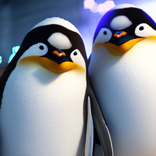 Penguins, closeup cute and adorable, cute big circular reflective eyes, long fuzzy fur, Pixar render, unreal engine cinematic smooth, intricate detail, cinematic, 8k, HD with style of