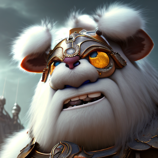 warrior for god, closeup cute and adorable, cute big circular reflective eyes, long fuzzy fur, Pixar render, unreal engine cinematic smooth, intricate detail, cinematic, 8k, HD with style of