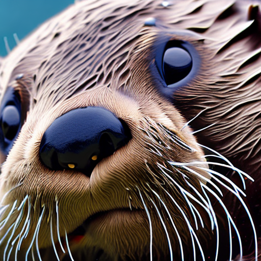 Cute sea otter, closeup cute and adorable, cute big circular reflective eyes, long fuzzy fur, Pixar render, unreal engine cinematic smooth, intricate detail, cinematic, award winning on shutterstock, canon eos 5D, 32k with style of (W. Eugene Smith)