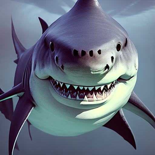 scary big shark, closeup cute and adorable, cute big circular reflective eyes, long fuzzy fur, Pixar render, unreal engine cinematic smooth, intricate detail, cinematic, Realistic art, pencil drawing with style of