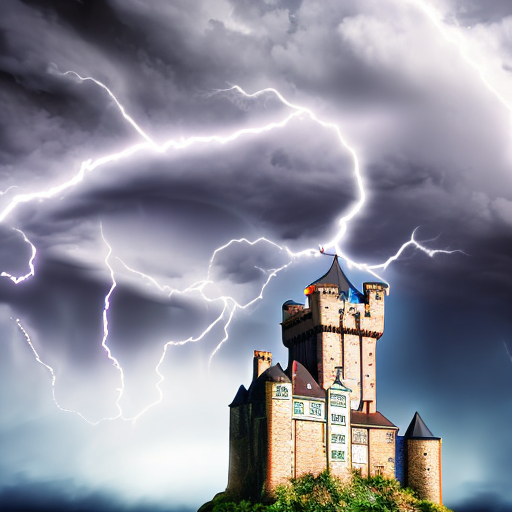 god in the clouds. Storm above a castle. lightning hitting the tower., centered, 8k, HD with style of
