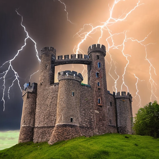 Storm above a castle. lightning hitting the tower., centered, 8k, HD with style of