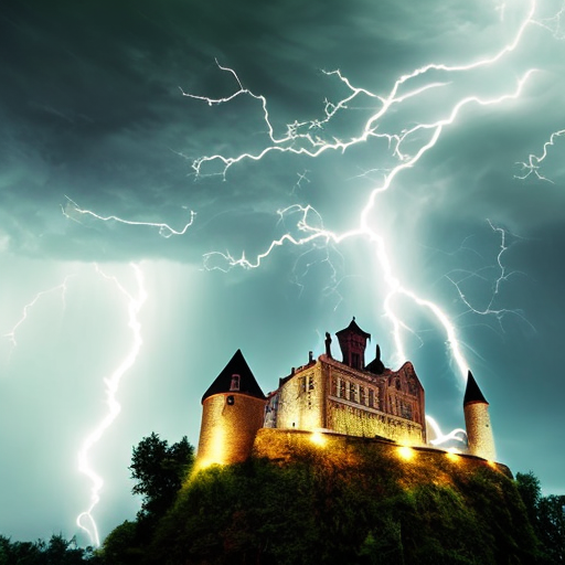 Storm above a beautiful castle. lightning hitting the tower., centered, 8k, HD with style of