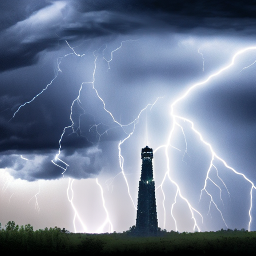 Lightning rain storm. clouds above a tower with an image of god in it., centered, 8k, HD with style of
