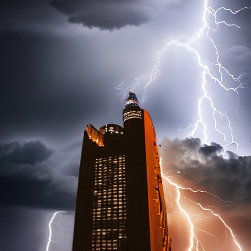 Lightning rain storm. dark clouds above a tower with an image of god in it., centered, 8k, HD with style of