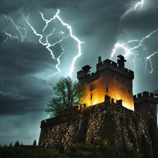 Lightning rain storm. dark clouds above a castle tower with an image of god in it., centered, 8k, HD with style of