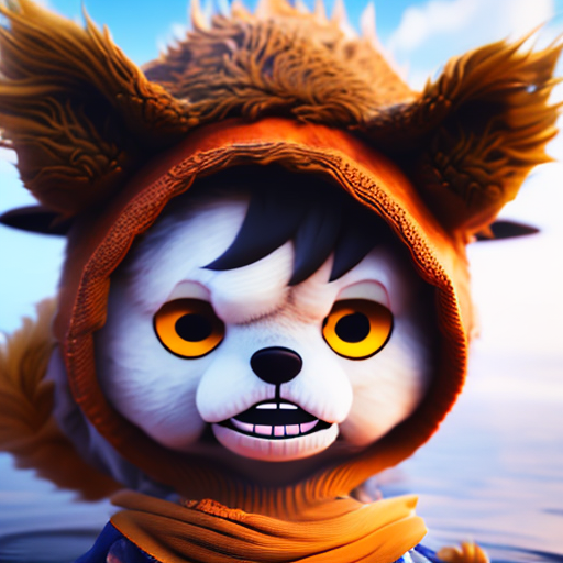 create an image of luffy, closeup cute and adorable, cute big circular reflective eyes, long fuzzy fur, Pixar render, unreal engine cinematic smooth, intricate detail, cinematic, 8k, HD with style of