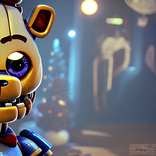 Five nights at Freddy's, closeup cute and adorable, cute big circular reflective eyes, long fuzzy fur, Pixar render, unreal engine cinematic smooth, intricate detail, cinematic, digital art, trending on artstation, (cgsociety) with style of (Heraldo Ortega)