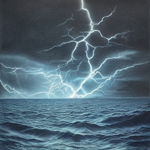 Thundering shock wave with darkest sky and dark blue ocean, centered, Realistic art, pencil drawing with style of