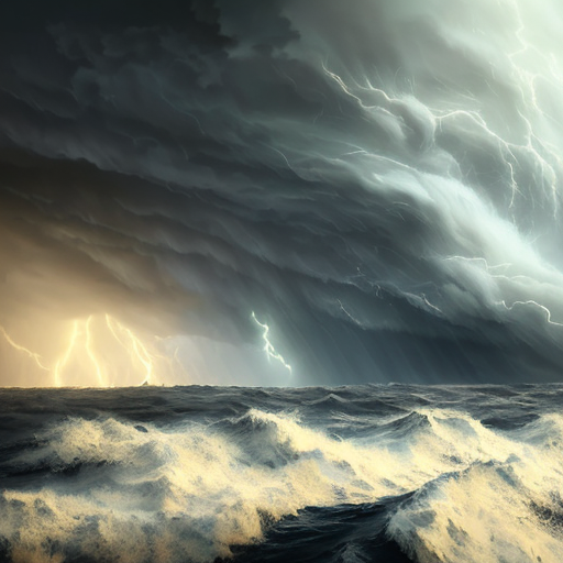 Thundering shock wave with darkest sky and dark blue ocean, Stormy sky, Windy dust storm, Apocalyptic typhoon, Hyper realistic hurricane storm, Storm above floating dreamland, centered, digital art, trending on artstation, (cgsociety) with style of (Heraldo Ortega)