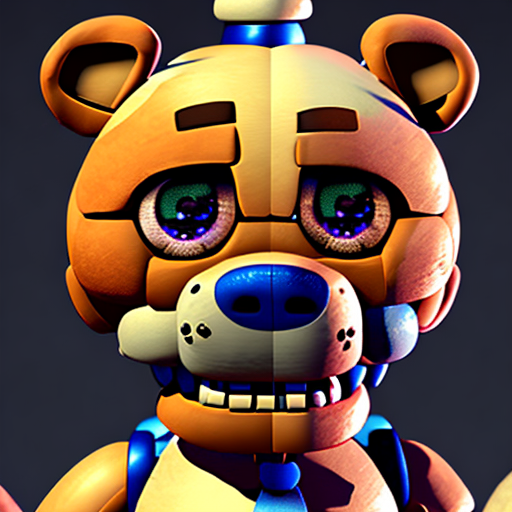 Five nights at freddy's, closeup cute and adorable, cute big circular reflective eyes, long fuzzy fur, Pixar render, unreal engine cinematic smooth, intricate detail, cinematic, Portrait style, sharp, highly detailed, 8k, HD with style of (Half-Length)