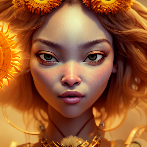 goddess of sun, closeup cute and adorable, cute big circular reflective eyes, long fuzzy fur, Pixar render, unreal engine cinematic smooth, intricate detail, cinematic, 8k, HD with style of